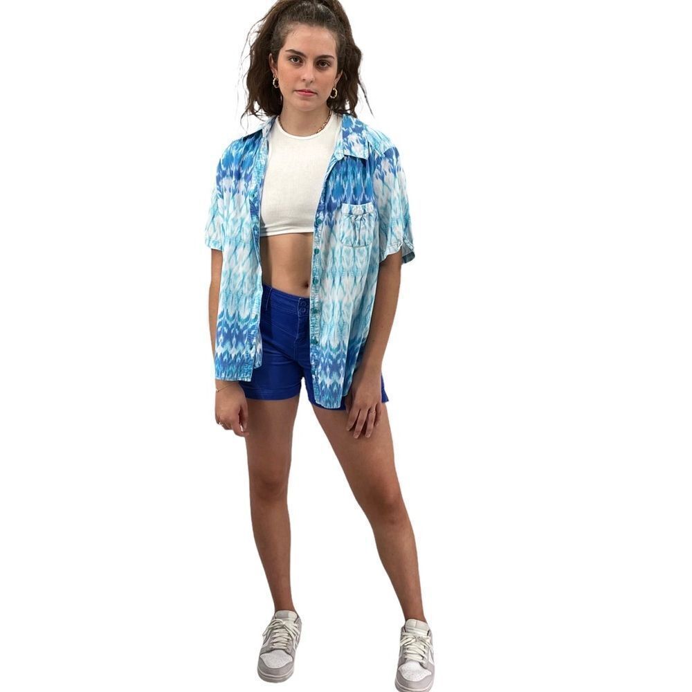 Oversized Camp Shirt Short Sleeve Button Up Blue White Ikat Print | Small/Medium - Picture 5 of 7